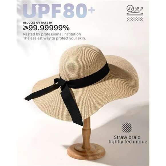 Womens Wide Brim Straw Sun Hat UPF 80 Foldable Floppy Beach Summer Hat - Picture 2 of 7